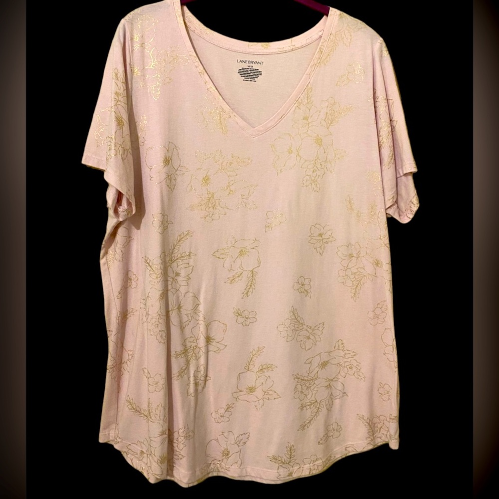 14/16 Lane Bryant Gold Floral V-neck T-shirt, longer length.